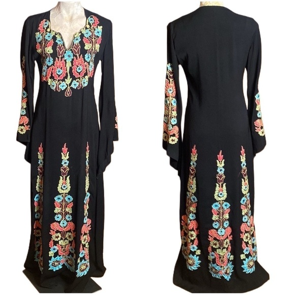 Vintage Dresses & Skirts - Beautiful unbranded floral embroidery and beaded black boho kaftan caftan dress